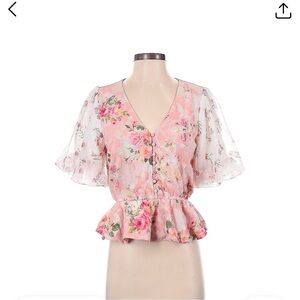 Hermant & nandita romantic floral puff sleeve button chiffon rise top